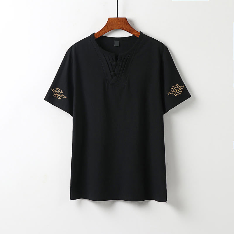 Buddha Stones Summer Tang Style Frog Button Auspicious Clouds Embroidery Solid Men's Short Sleeve Shirts - Black - US/UK/AU54, EU64 (9XL) - image 10