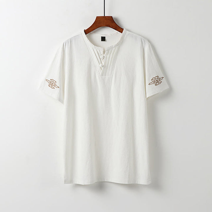 Buddha Stones Summer Tang Style Frog Button Auspicious Clouds Embroidery Solid Men's Short Sleeve Shirts - White - US/UK/AU54, EU64 (9XL) - image 12