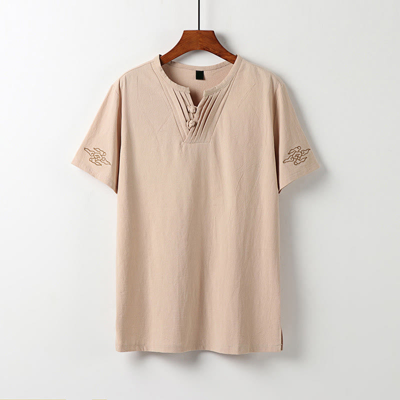 Buddha Stones Summer Tang Style Frog Button Auspicious Clouds Embroidery Solid Men's Short Sleeve Shirts - Wheat - US/UK/AU54, EU64 (9XL) - image 0