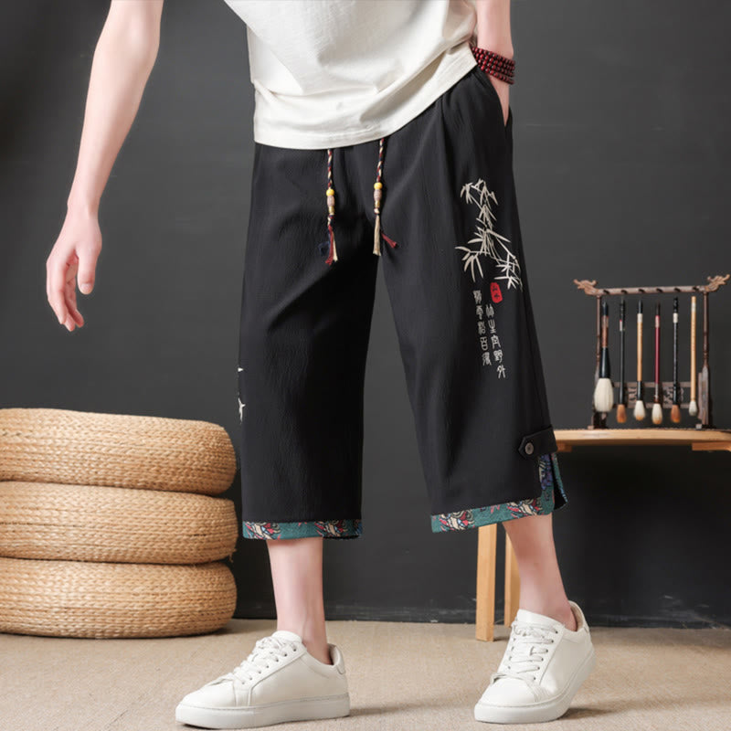 Buddha Stones Summer Tang Style Casual Drawstring Bamboo Print Half Pants Men's Straight Leg Pants With Pocket - Black - US/UK/AU46, EU56 (4XL) - image 0