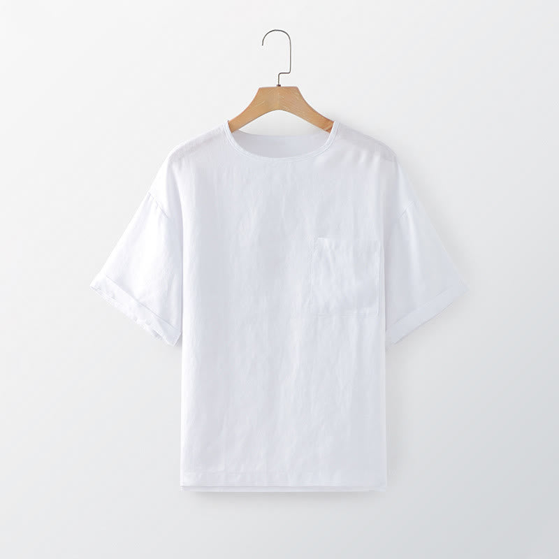 Buddha Stones Summer Casual Minimalist Solid Crew Neck Men's Short Sleeve T-Shirts With Patch Pocket - White - US/UK/AU44, EU54 (3XL) - image 3
