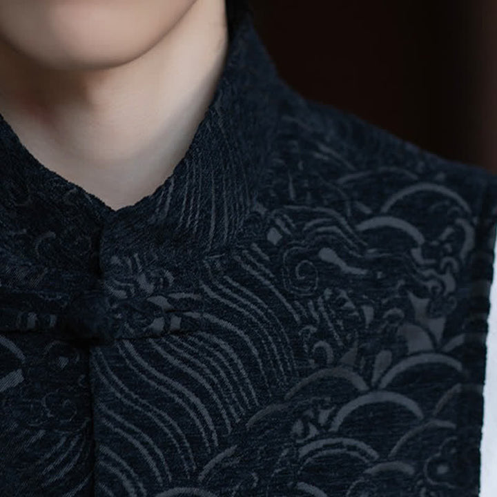 Buddha Stones Fall Tang Style Vintage Mandarin Collar Frog Button Abstract Jacquard Men's Sleeveless Shirts - image 10