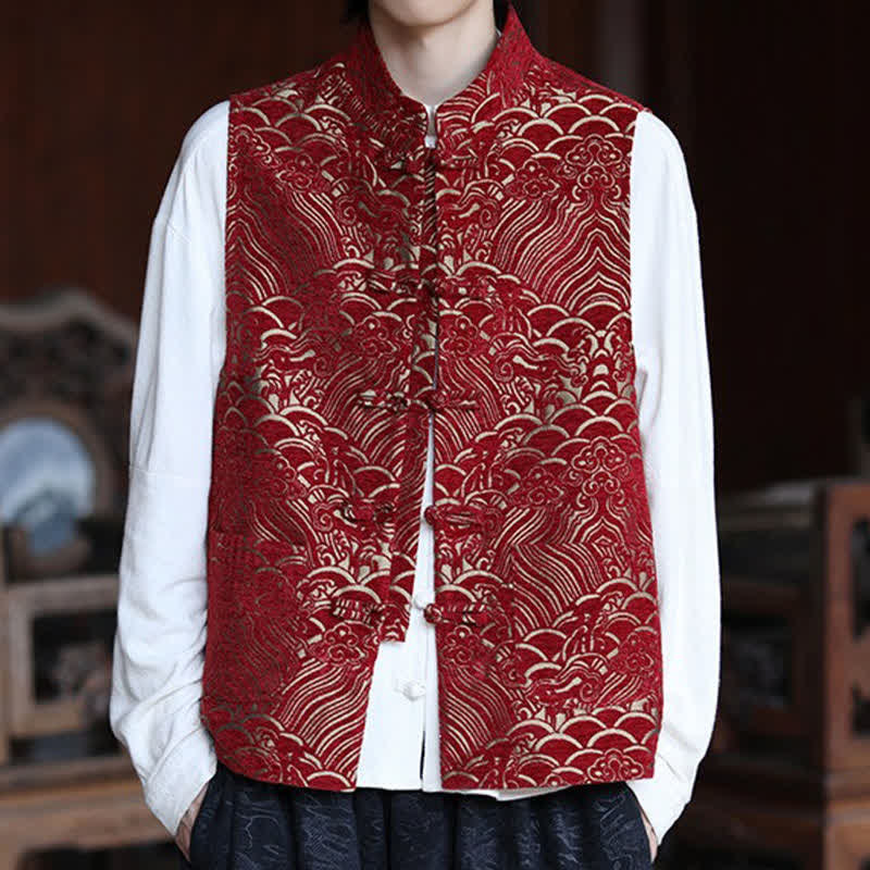 Buddha Stones Fall Tang Style Vintage Mandarin Collar Frog Button Abstract Jacquard Men's Sleeveless Shirts - DarkRed - US/UK/AU46，EU56 (5XL) - image 13