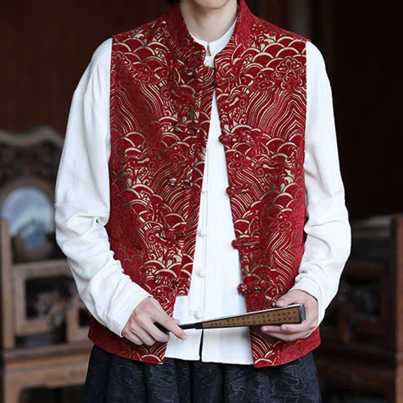 Buddha Stones Fall Tang Style Vintage Mandarin Collar Frog Button Abstract Jacquard Men's Sleeveless Shirts - image 16