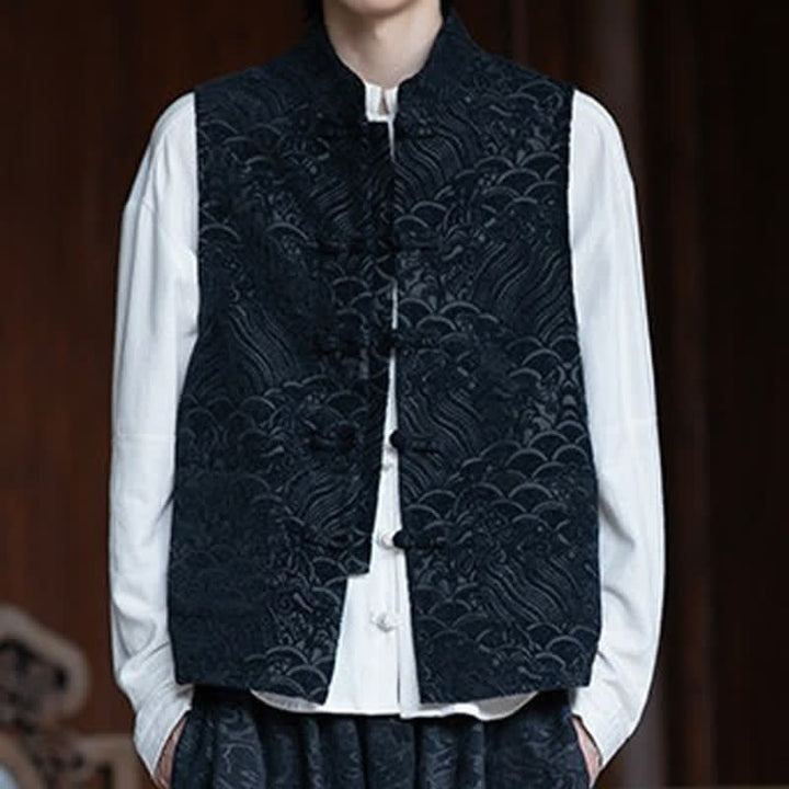 Buddha Stones Fall Tang Style Vintage Mandarin Collar Frog Button Abstract Jacquard Men's Sleeveless Shirts - image 5