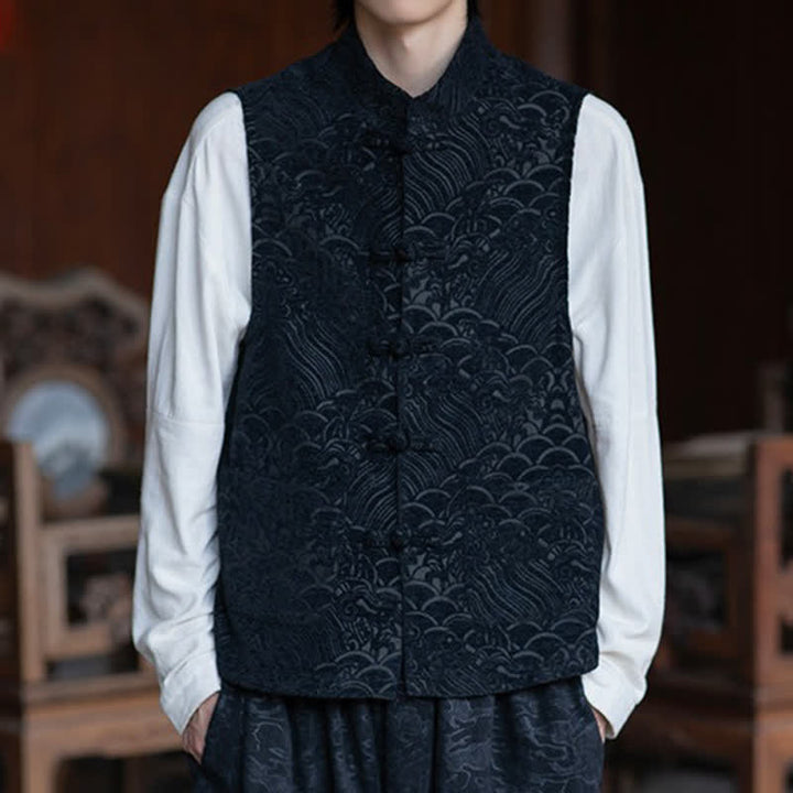Buddha Stones Fall Tang Style Vintage Mandarin Collar Frog Button Abstract Jacquard Men's Sleeveless Shirts - image 4