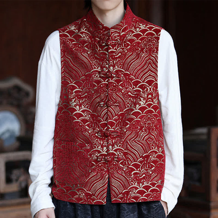 Buddha Stones Fall Tang Style Vintage Mandarin Collar Frog Button Abstract Jacquard Men's Sleeveless Shirts - image 19
