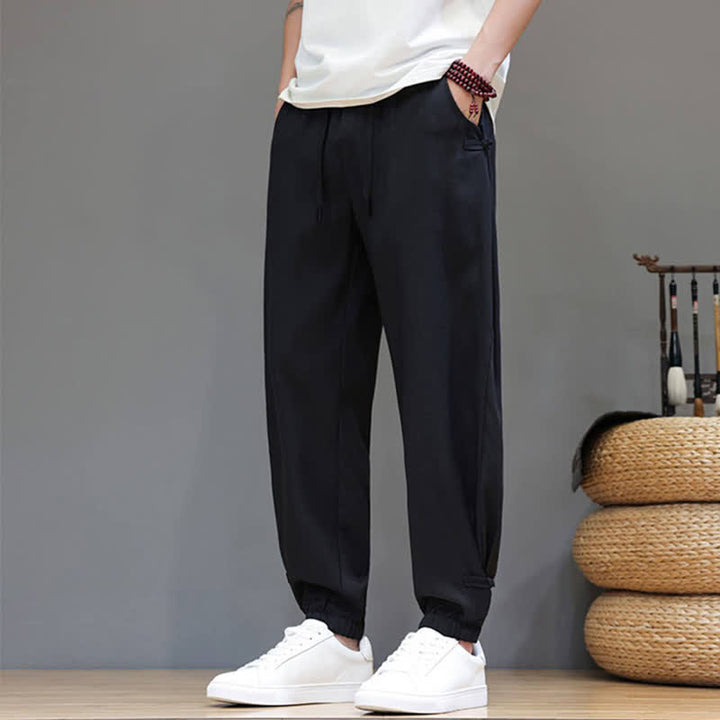 Buddha Stones Spring Summer Casual Minimalist Drawstring Elastic Waist Solid Cropped Pants Men's Tapered Pants With Pocket - image 14
