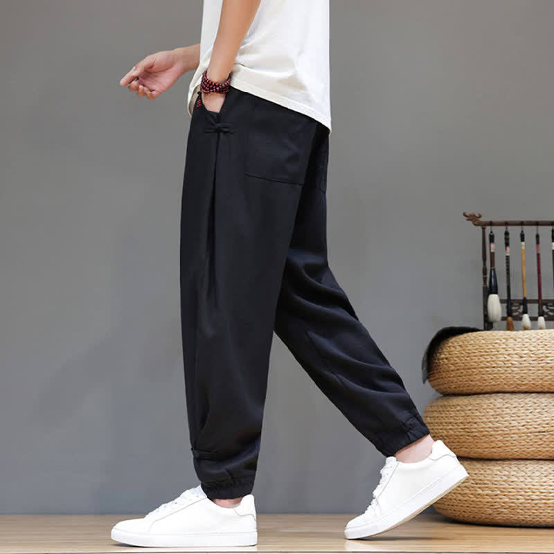 Buddha Stones Spring Summer Casual Minimalist Drawstring Elastic Waist Solid Cropped Pants Men's Tapered Pants With Pocket - image 15