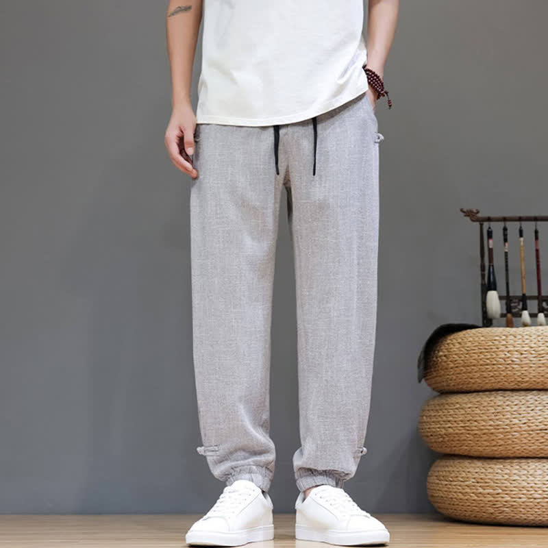 Buddha Stones Spring Summer Casual Minimalist Drawstring Elastic Waist Solid Cropped Pants Men's Tapered Pants With Pocket - image 22