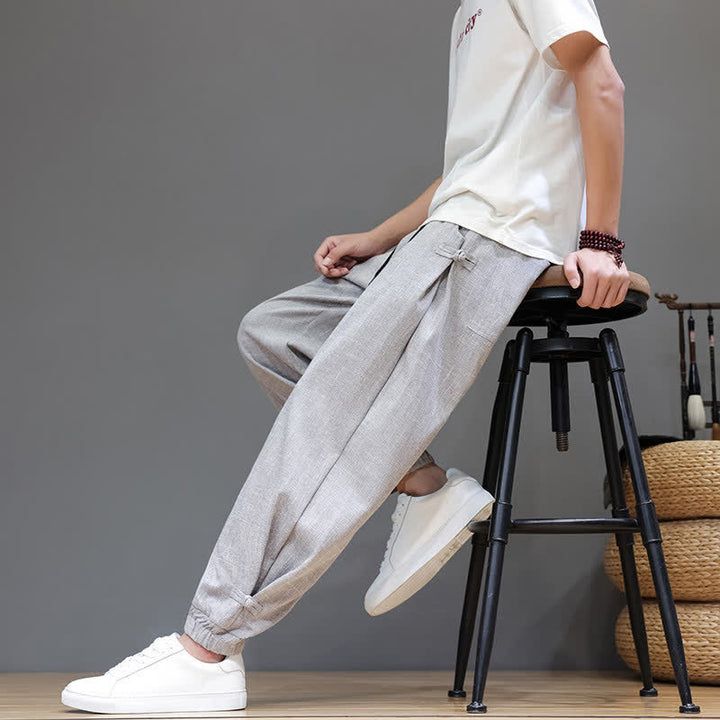 Buddha Stones Spring Summer Casual Minimalist Drawstring Elastic Waist Solid Cropped Pants Men's Tapered Pants With Pocket - image 30
