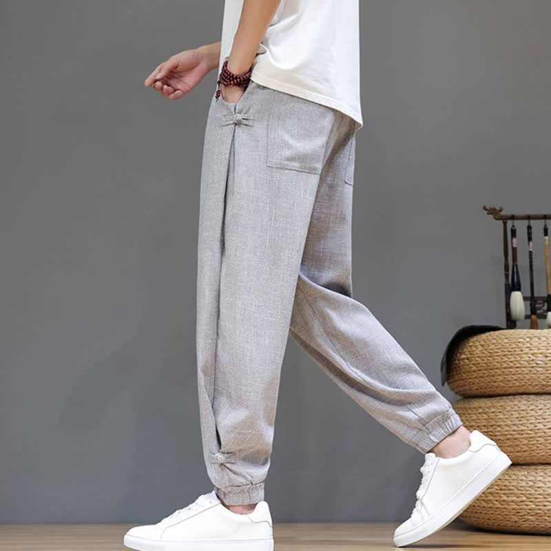 Buddha Stones Spring Summer Casual Minimalist Drawstring Elastic Waist Solid Cropped Pants Men's Tapered Pants With Pocket - image 26