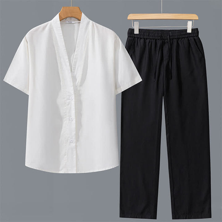 Buddha Stones 2Pcs Spring Summer Casual Minimalist Button-Up Shirt Drawstring Pants Solid Men's Meditation Cloth With Pockets - White Shirt+Black Pants - US/UK/AU42，EU52 (3XL) - image 11