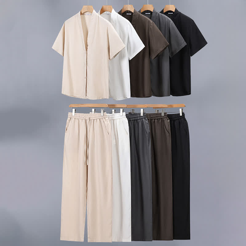 Buddha Stones 2Pcs Spring Summer Casual Minimalist Button-Up Shirt Drawstring Pants Solid Men's Meditation Cloth With Pockets - image 13