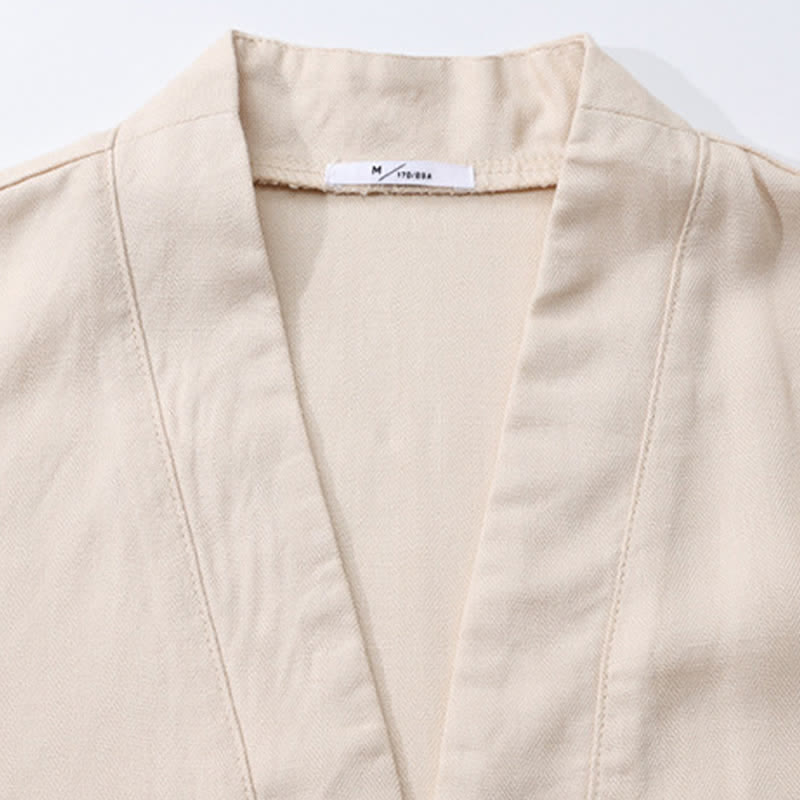 Buddha Stones 2Pcs Spring Summer Casual Minimalist Button-Up Shirt Drawstring Pants Solid Men's Meditation Cloth With Pockets - image 6