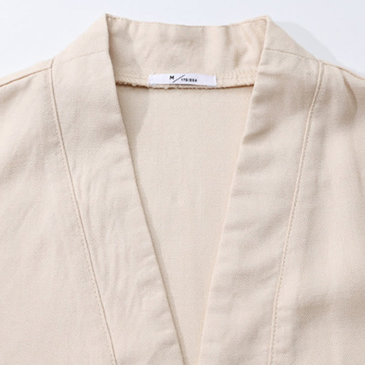 Buddha Stones 2Pcs Spring Summer Casual Minimalist Button-Up Shirt Drawstring Pants Solid Men's Meditation Cloth With Pockets - image 6