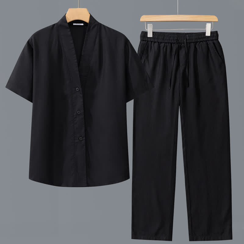 Buddha Stones 2Pcs Spring Summer Casual Minimalist Button-Up Shirt Drawstring Pants Solid Men's Meditation Cloth With Pockets - Black Shirt+Black Pants - US/UK/AU42，EU52 (3XL) - image 2