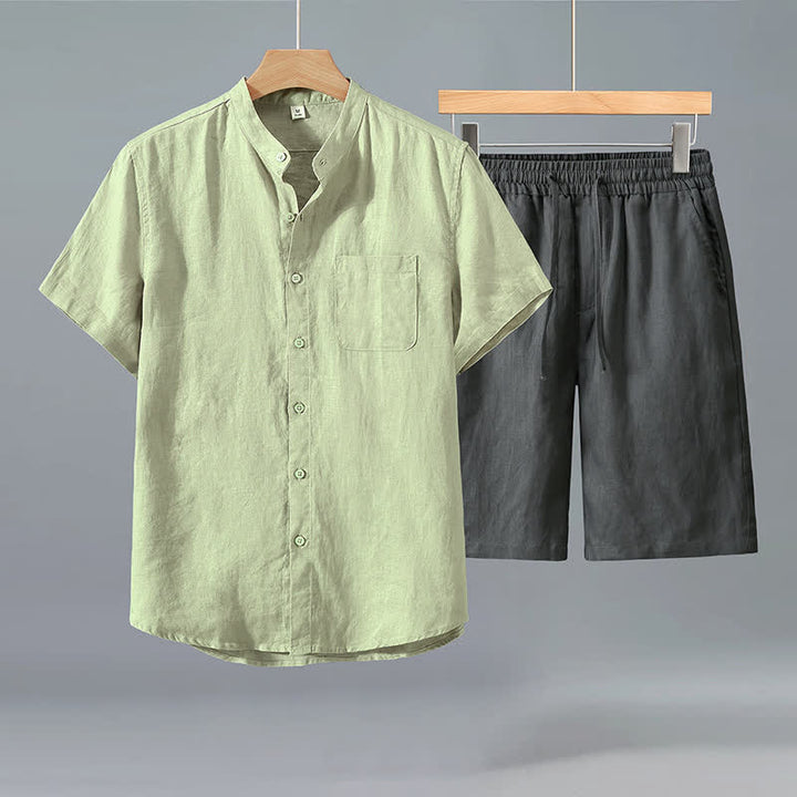 Buddha Stones 2Pcs Summer Casual Tang Style Button-Up Short Sleeve Shirt Shorts Solid Linen Men's Meditation Cloth With Pocket - Green Shirt+Gray Pants - US/UK/AU42，EU52 (3XL) - image 5