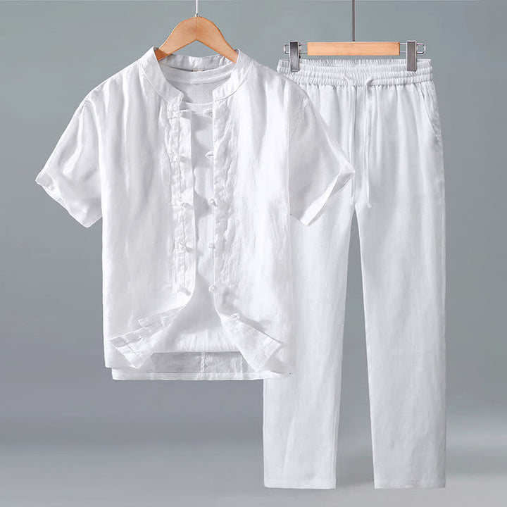 Buddha Stones 2Pcs Summer Tang Style Meditation Frog Button Short Sleeve Shirt Pants Solid Linen Men's Meditation Cloth - White - US/UK/AU42，EU52 (3XL) - image 8