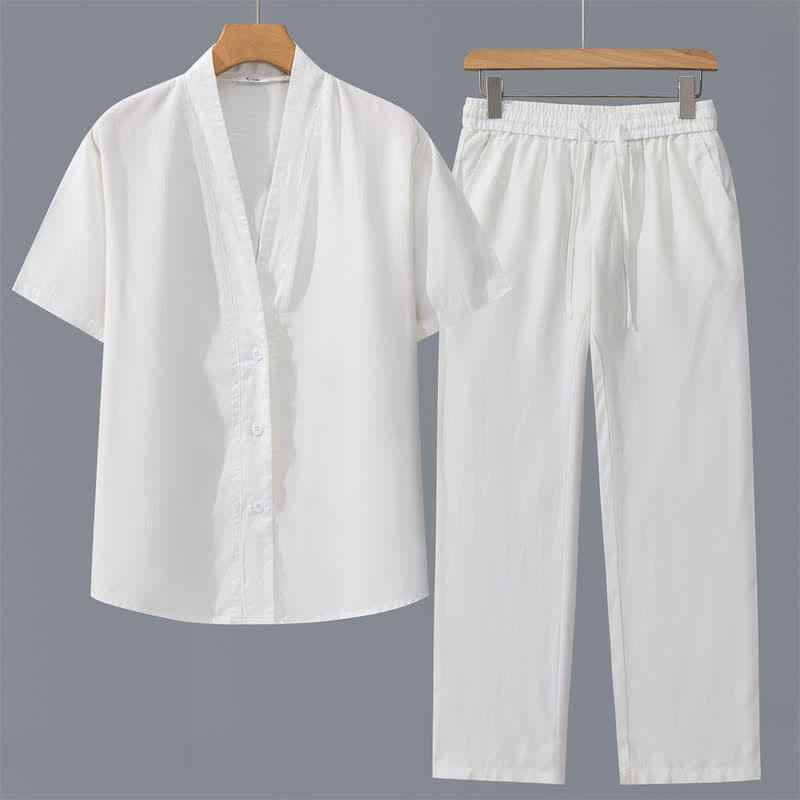 Buddha Stones 2Pcs Spring Summer Casual Minimalist Button-Up Shirt Drawstring Pants Solid Men's Meditation Cloth With Pockets - White Shirt+White Pants - US/UK/AU42，EU52 (3XL) - image 12