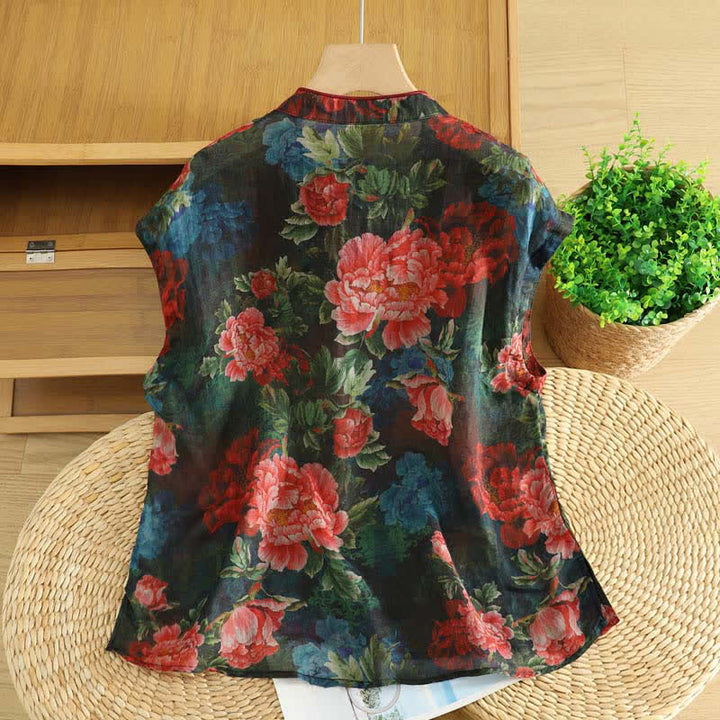 Buddha Stones Summer Tang Style Elegant Mandarin Collar Peony Floral Tank Top Women's Sleeveless Shirts - image 1