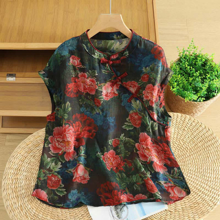 Buddha Stones Summer Tang Style Elegant Mandarin Collar Peony Floral Tank Top Women's Sleeveless Shirts - Black - US12, UK/AU16, EU44 (2XL) - image 0