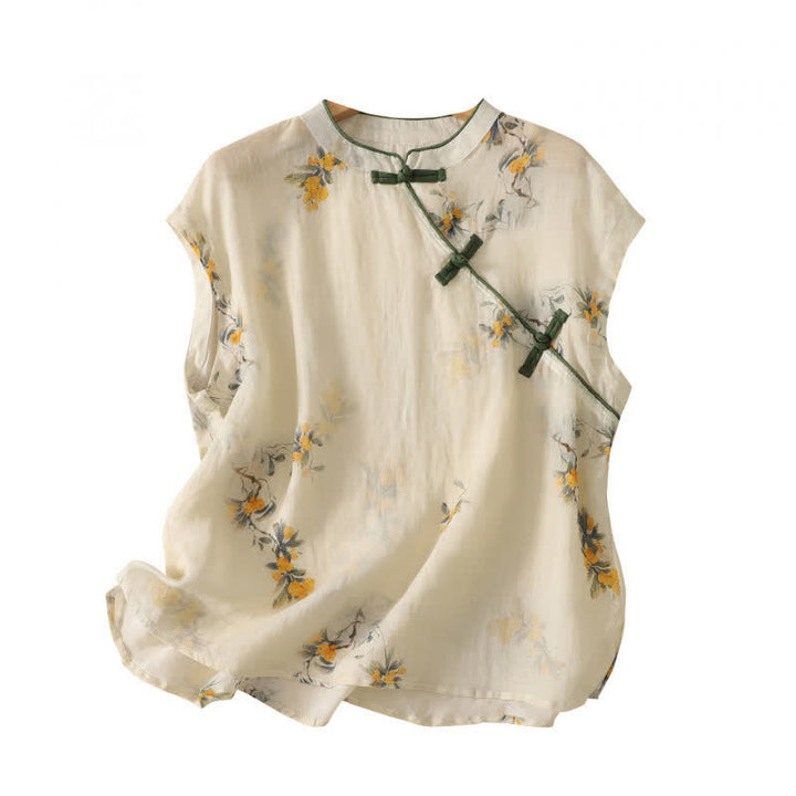 Buddha Stones Summer Tang Style Vintage Mandarin Collar Yellow Loquat Floral Tank Top Women's Sleeveless Shirts - image 2