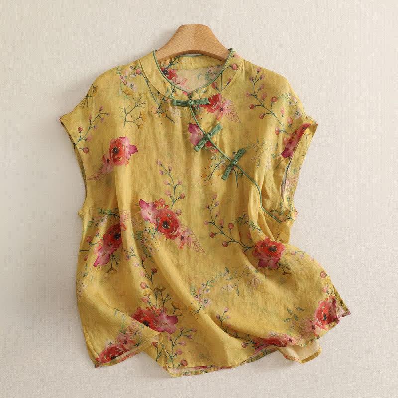 Buddha Stones Summer Tang Style Vintage Frog Button Orchid Floral Women's Sleeveless Shirts Tank Top - Khaki - Sleeveless - US12，UK/AU16，EU44 (2XL) - image 21