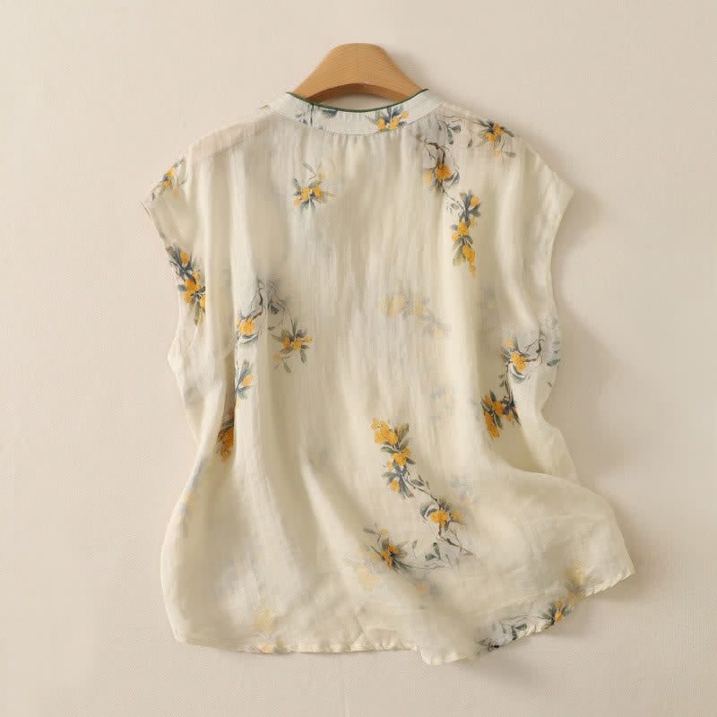 Buddha Stones Summer Tang Style Vintage Frog Button Orchid Floral Women's Sleeveless Shirts Tank Top - image 12