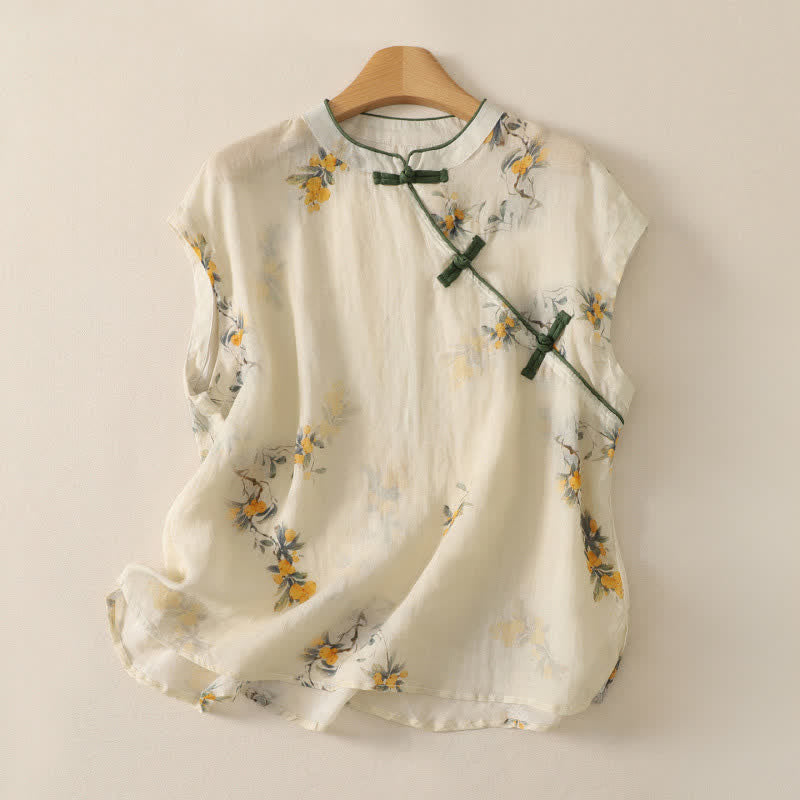 Buddha Stones Summer Tang Style Vintage Frog Button Orchid Floral Women's Sleeveless Shirts Tank Top - Beige - Sleeveless - US12，UK/AU16，EU44 (2XL) - image 11