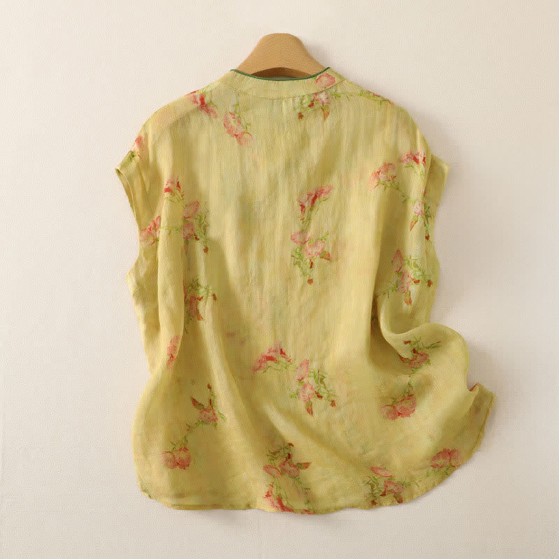 Buddha Stones Summer Tang Style Vintage Frog Button Orchid Floral Women's Sleeveless Shirts Tank Top - image 31