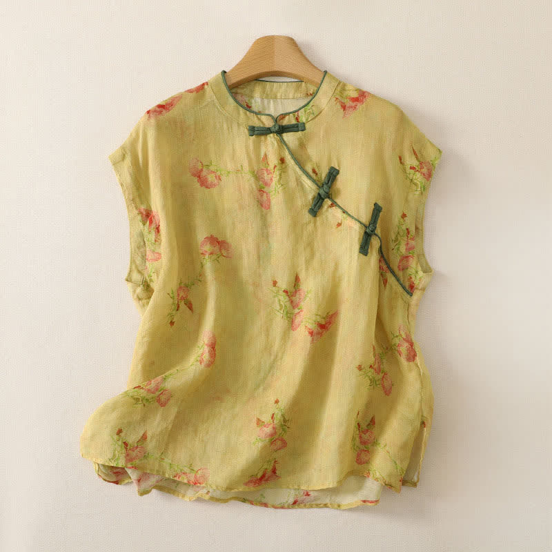 Buddha Stones Summer Tang Style Vintage Frog Button Orchid Floral Women's Sleeveless Shirts Tank Top - PaleGoldenrod - Sleeveless - US12，UK/AU16，EU44 (2XL) - image 30