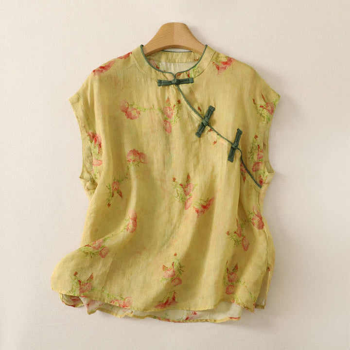 Buddha Stones Summer Tang Style Vintage Frog Button Orchid Floral Women's Sleeveless Shirts Tank Top - PaleGoldenrod - Sleeveless - US12，UK/AU16，EU44 (2XL) - image 30
