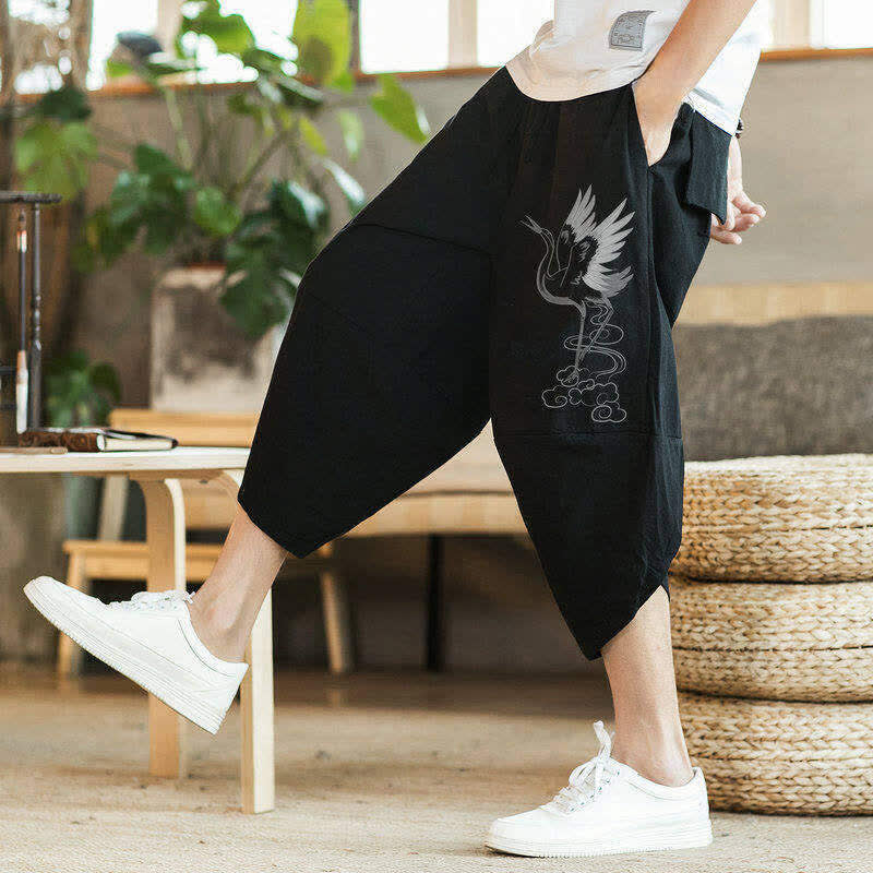 Buddha Stones Summer Casual Vintage Drawstring Crane Print Capri Pants Men's Harem Pants With Pocket - image 8