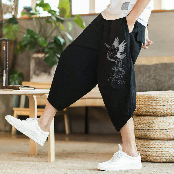 Buddha Stones Summer Casual Vintage Drawstring Crane Print Capri Pants Men's Harem Pants With Pocket - image 8