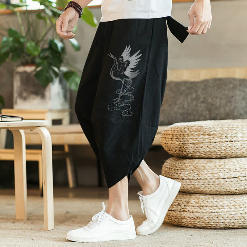 Buddha Stones Summer Casual Vintage Drawstring Crane Print Capri Pants Men's Harem Pants With Pocket - image 6
