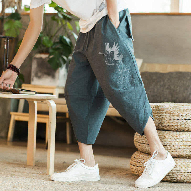 Buddha Stones Summer Casual Vintage Drawstring Crane Print Capri Pants Men's Harem Pants With Pocket - image 1