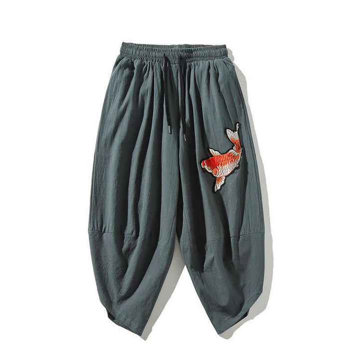 Buddha Stones Summer Tang Style Drawstring Koi Fish Capri Pants Men's Harem Pants With Pocket - CadetBlue - US/UK/AU46, EU56 (5XL) - image 14