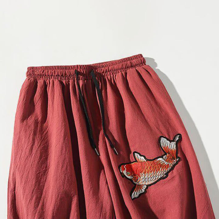 Buddha Stones Summer Tang Style Drawstring Koi Fish Capri Pants Men's Harem Pants With Pocket - image 2