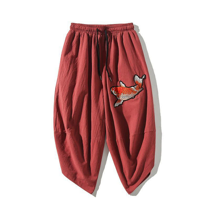 Buddha Stones Summer Tang Style Drawstring Koi Fish Capri Pants Men's Harem Pants With Pocket - IndianRed - US/UK/AU46, EU56 (5XL) - image 0