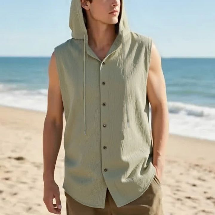 Buddha Stones Summer Casual Minimalist Button-Up Drawstring Solid Tank Top Men's Sleeveless Shirts - DarkOliveGreen - US/UK/AU46, EU56 (3XL) - image 8