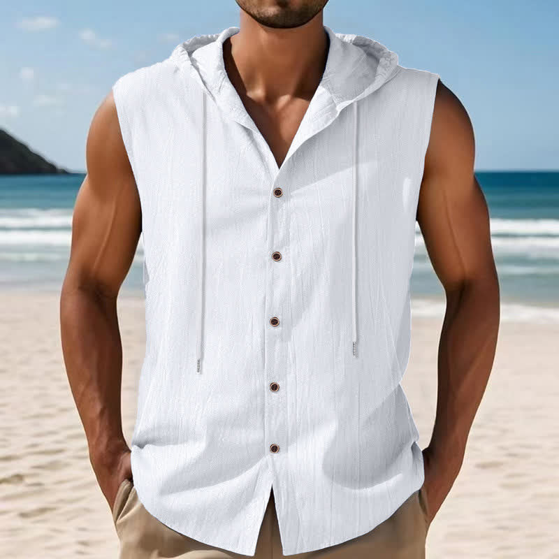 Buddha Stones Summer Casual Minimalist Button-Up Drawstring Solid Tank Top Men's Sleeveless Shirts - image 13