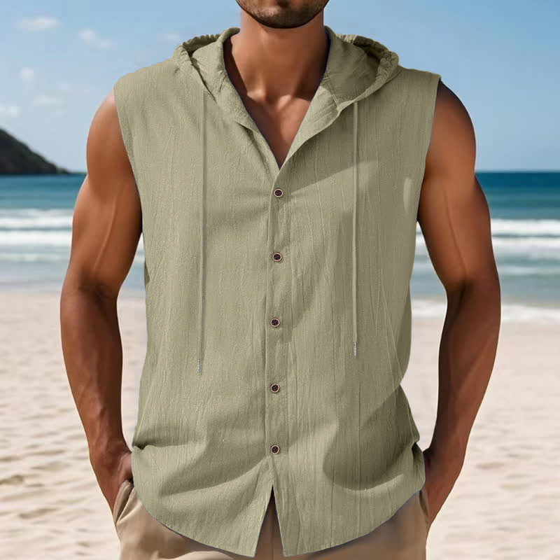 Buddha Stones Summer Casual Minimalist Button-Up Drawstring Solid Tank Top Men's Sleeveless Shirts - image 9