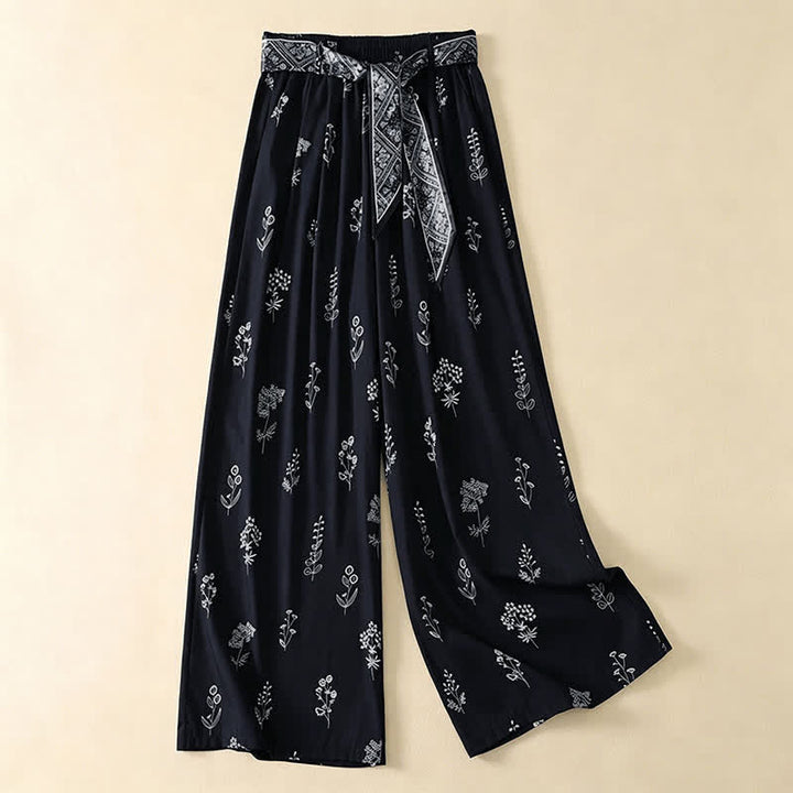 Buddha Stones Summer Casual Vintage Drawstring Floral Ankle Pants Women's Wide Leg Pants With Pocket - MidnightBlue - US8-10, UK/AU12-14, EU40-42 (2XL) - image 0