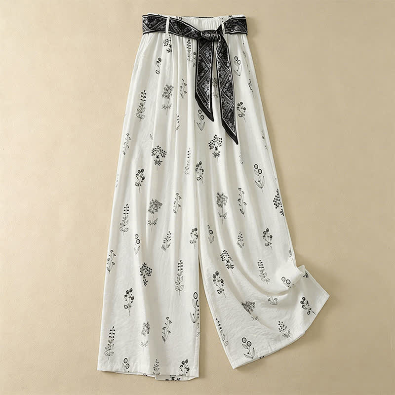 Buddha Stones Summer Casual Vintage Drawstring Floral Ankle Pants Women's Wide Leg Pants With Pocket - White - US8-10, UK/AU12-14, EU40-42 (2XL) - image 10