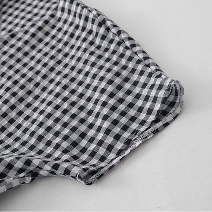 Buddha Stones Summer Vintage Plaid V-Neck Women's Short Sleeve Dress With Pocket - image 8