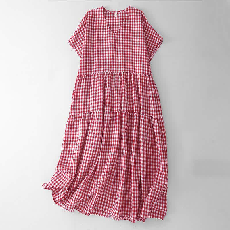 Buddha Stones Summer Vintage Plaid V-Neck Women's Short Sleeve Dress With Pocket - Crimson - US8-10, UK/AU12-14, EU40-42 (2XL) - image 0