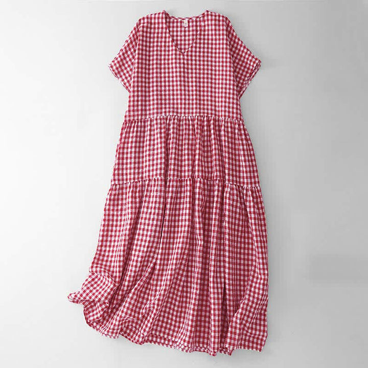 Buddha Stones Summer Vintage Plaid V-Neck Women's Short Sleeve Dress With Pocket - Crimson - US8-10, UK/AU12-14, EU40-42 (2XL) - image 0