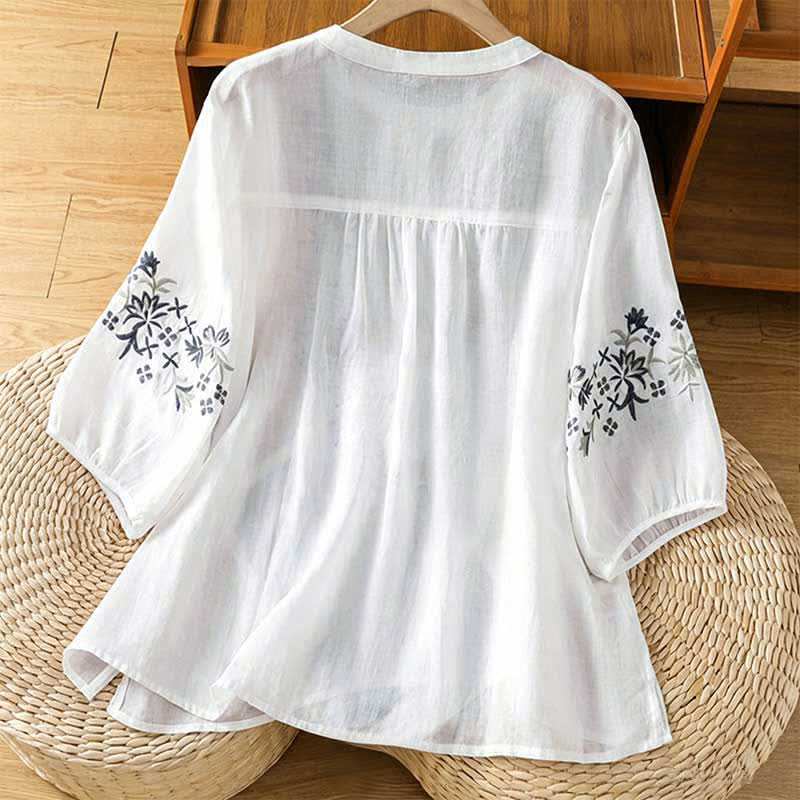 Buddha Stones Summer Casual Vintage Embroidery Floral Women's Short Sleeve Shirts - image 21
