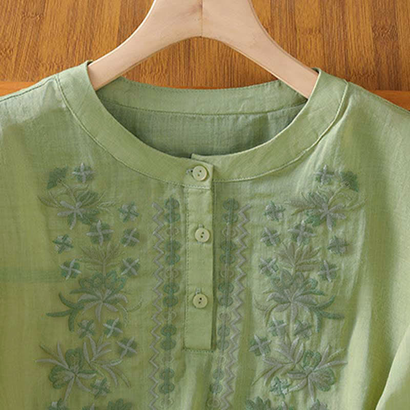 Buddha Stones Summer Casual Vintage Embroidery Floral Women's Short Sleeve Shirts - image 2